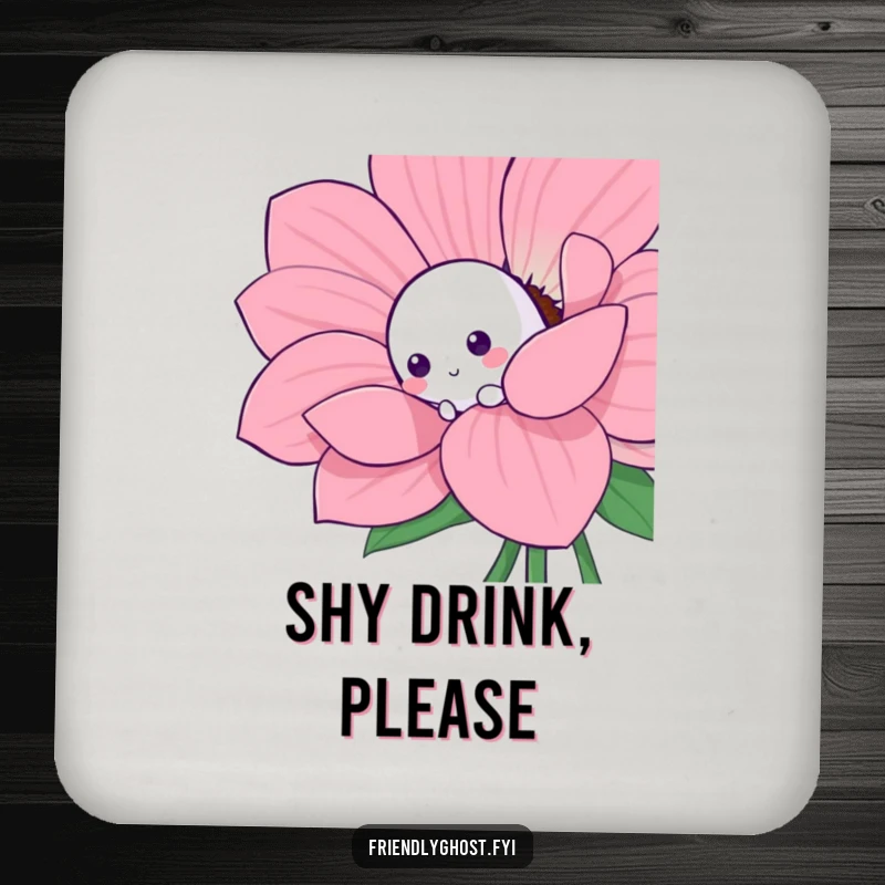 Funny shy ghost drink coaster with a shy character playfully peeking from behind a large, colorful flower.