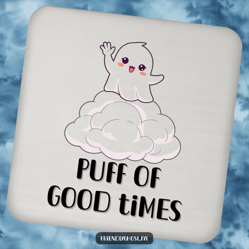 Funny drink coaster showing a happy ghost waving hello from atop soft, fluffy clouds, adding a touch of charm to any surface.