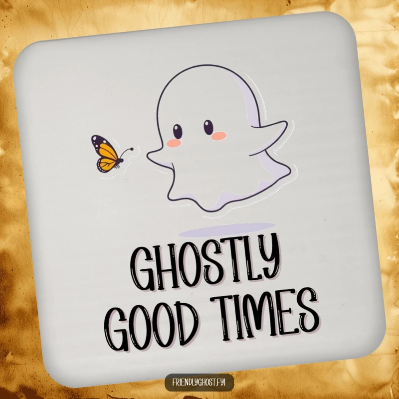Funny coaster depicting a small ghost character playfully chasing a butterfly, capturing pure delight and providing humorous protection for surfaces.