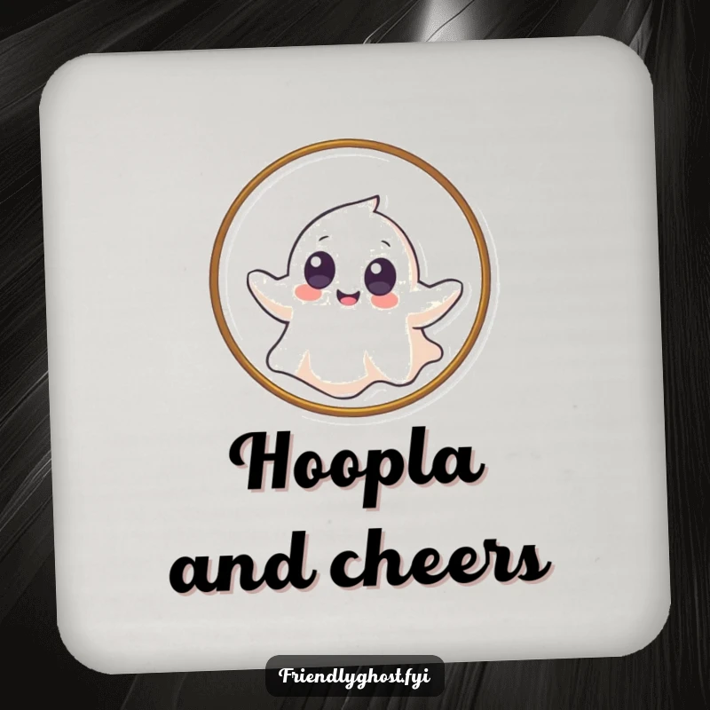 Funny coaster featuring a giggling ghost with big eyes gently floating through a hoop, protecting surfaces with playful charm.