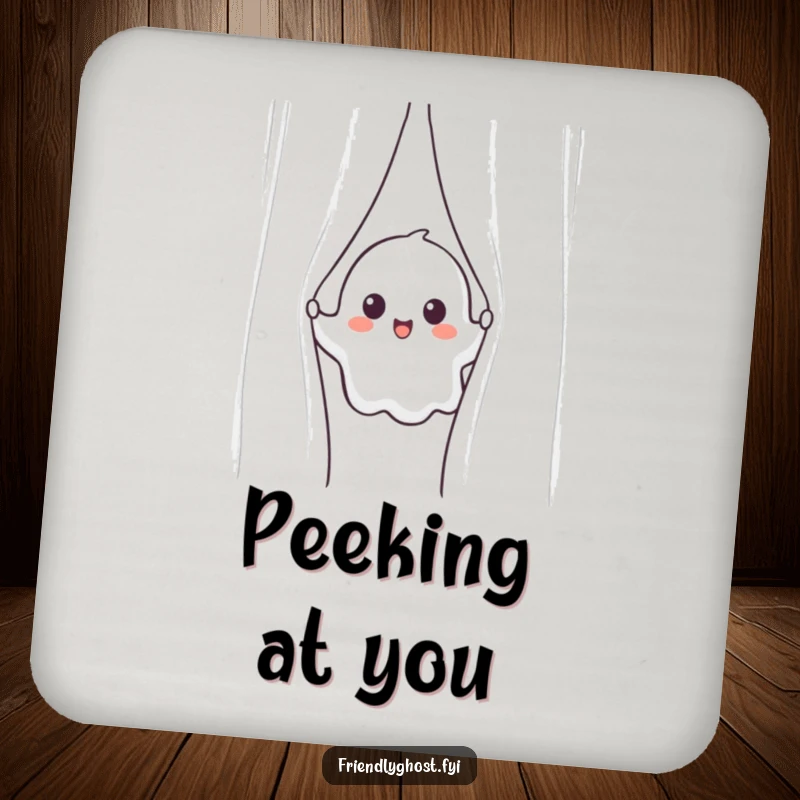 Funny ghost drink coaster featuring a cheerful ghost peeking from behind a shimmering curtain, adding humor to table protection.