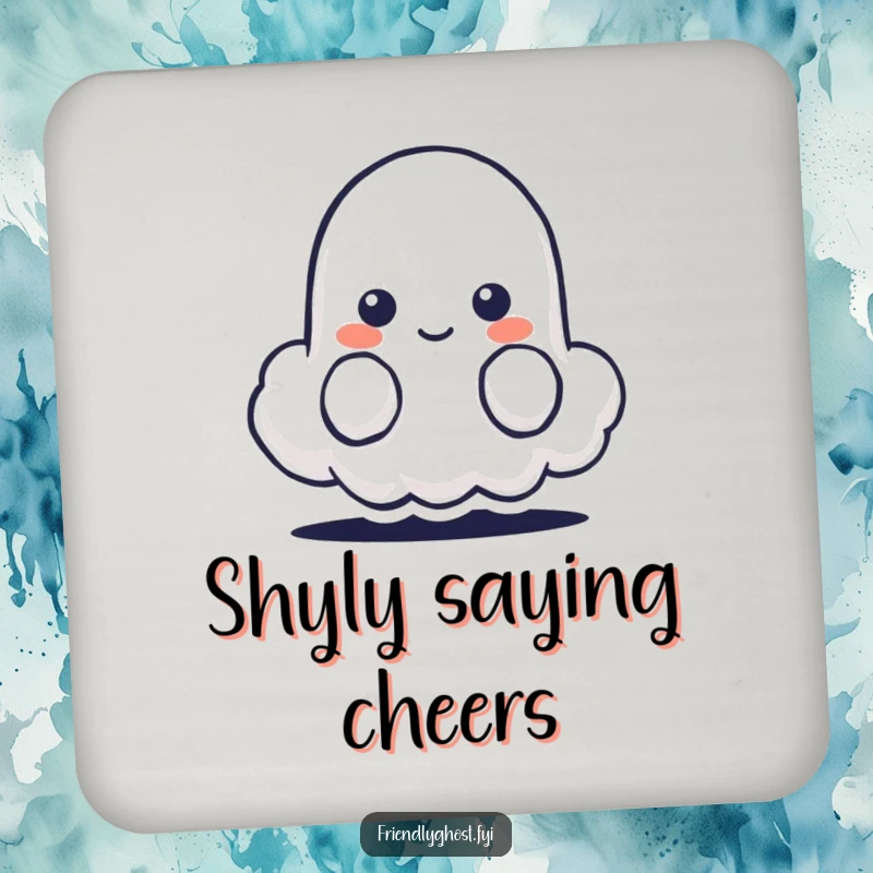 Funny drink coaster featuring a shy ghost character peeking from behind a tiny, smiling cloud.