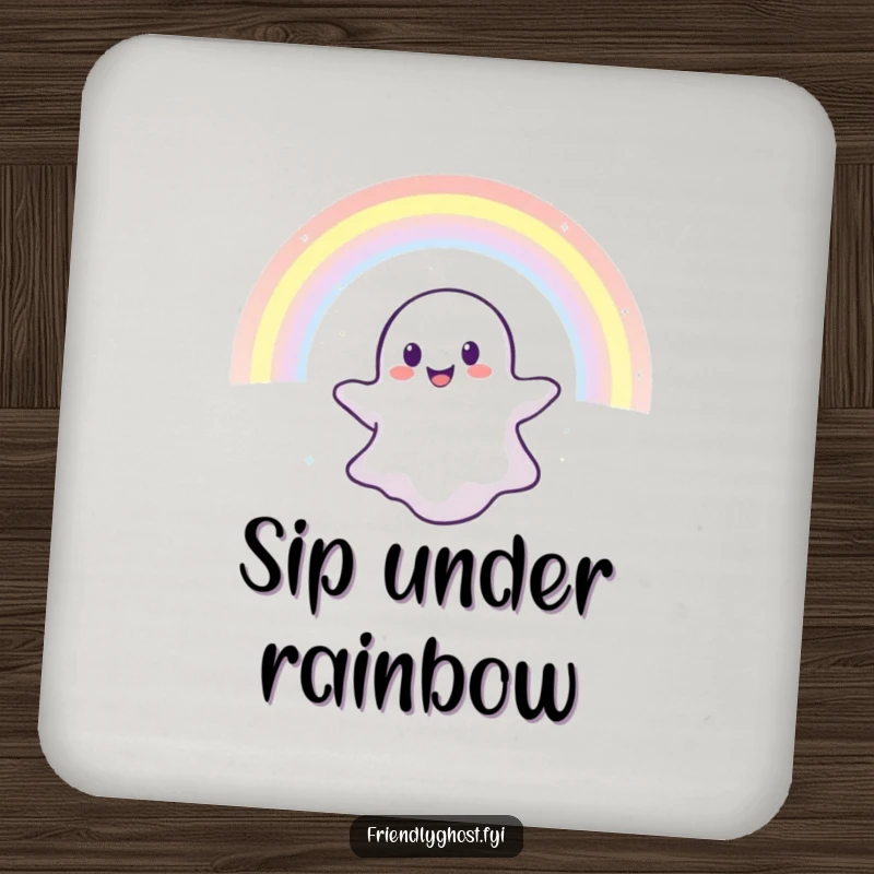Funny coaster depicting a happy ghost floating through a shimmering rainbow, adding magical humor to drink protection.