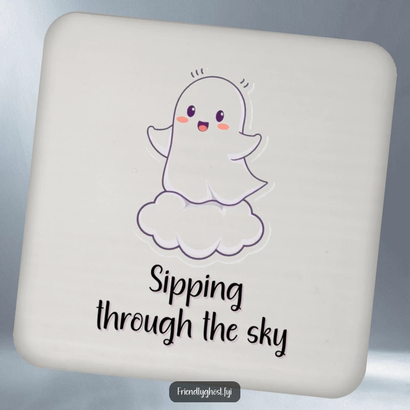 Funny Ghost Cloud Rider Coasters: Cheerful spirit riding a tiny cloud, protecting surfaces with whimsical humor.