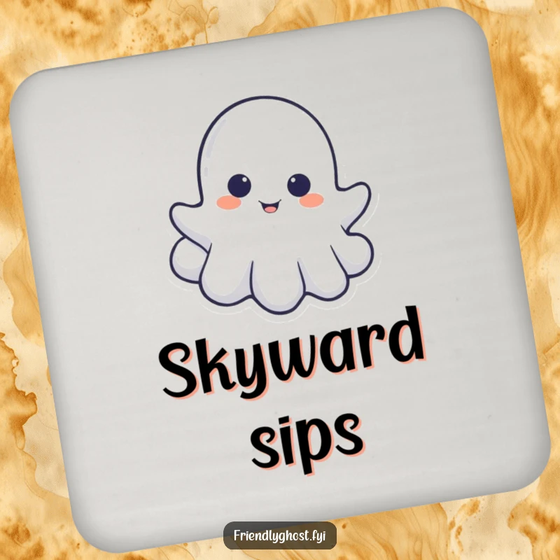Funny drink coaster with a little ghost playfully peeking from behind a cloud, bringing spectral charm to beverage service.
