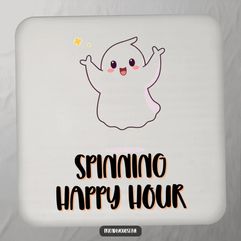 Funny Ghost Pirouette Coaster: A cheerful ghost joyfully performs a playful aerial pirouette, adding a dynamic and protective touch to surfaces.
