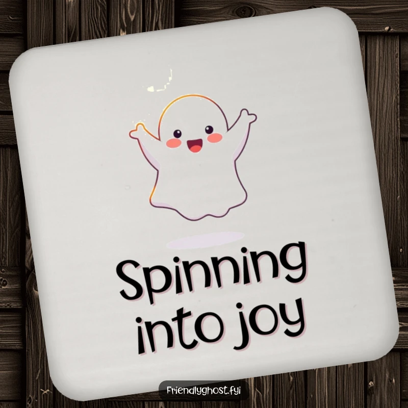 Funny joyful ghost character doing a cartwheel in a sunbeam, designed onto a humorous drink coaster.