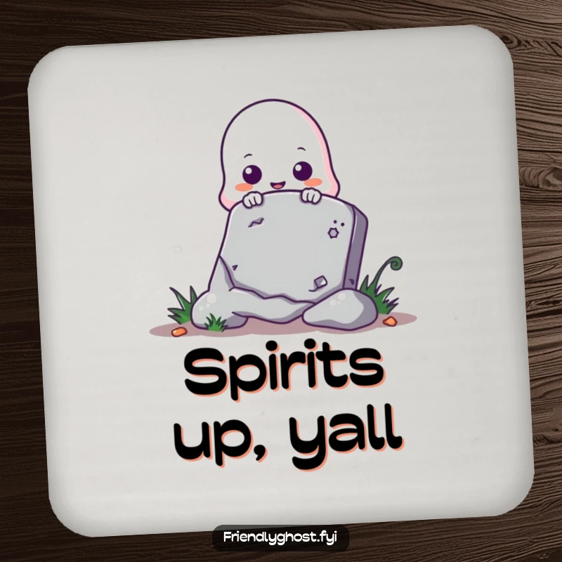 Funny ghost drink coaster with a cute ghost playfully peeking from behind a tombstone, protecting surfaces.