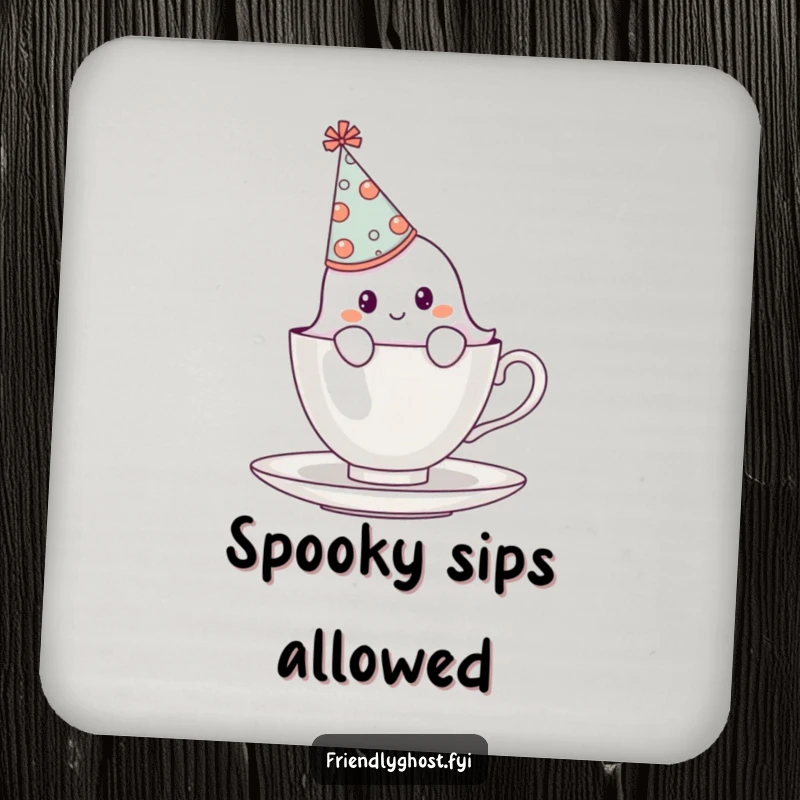 Funny shy ghost wearing a party hat, peeking from behind a teacup, a humorous and protective drink coaster.
