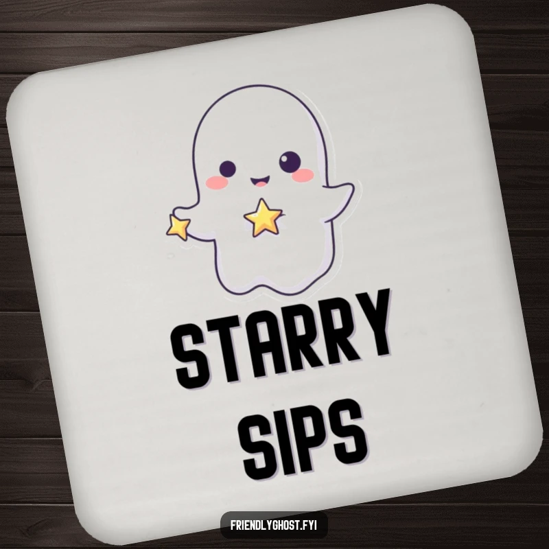 Funny ghost star drink coasters with a playful character holding a tiny, sparkling star, a humorous and protective table accessory gift.