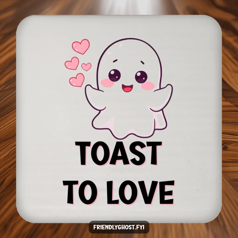Funny cheerful ghost character blowing heart-shaped bubbles, designed onto a humorous drink coaster.