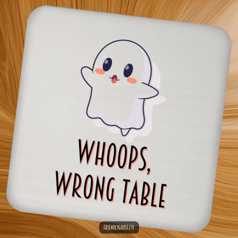 Funny ghost drink coaster with a ghost character looking surprised, failing to float through a wall.