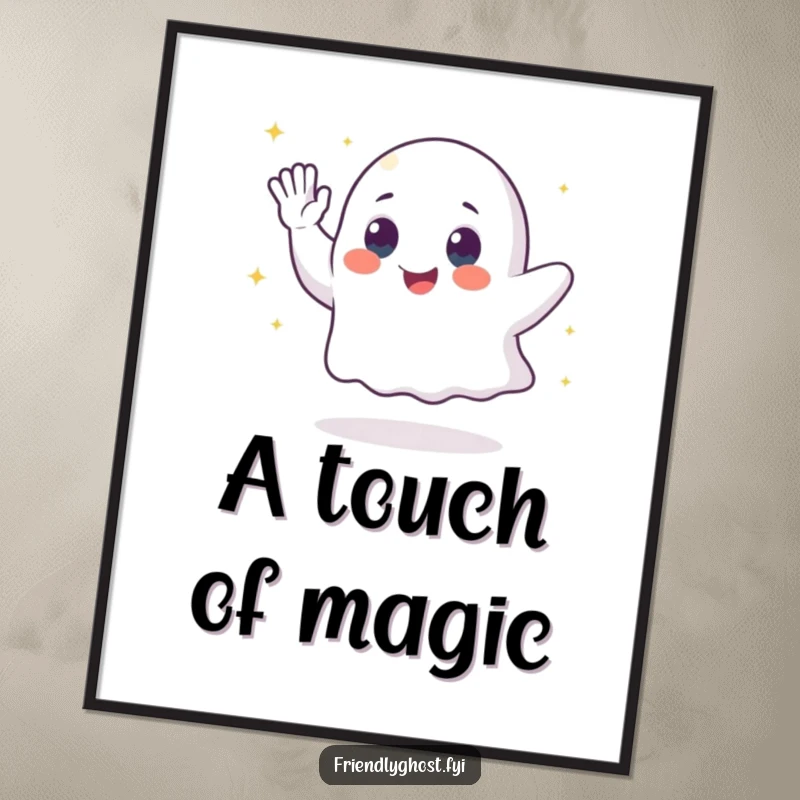 Funny ghost poster capturing a waving character leaving a trail of sparkling dust, creating a magical and whimsical display.