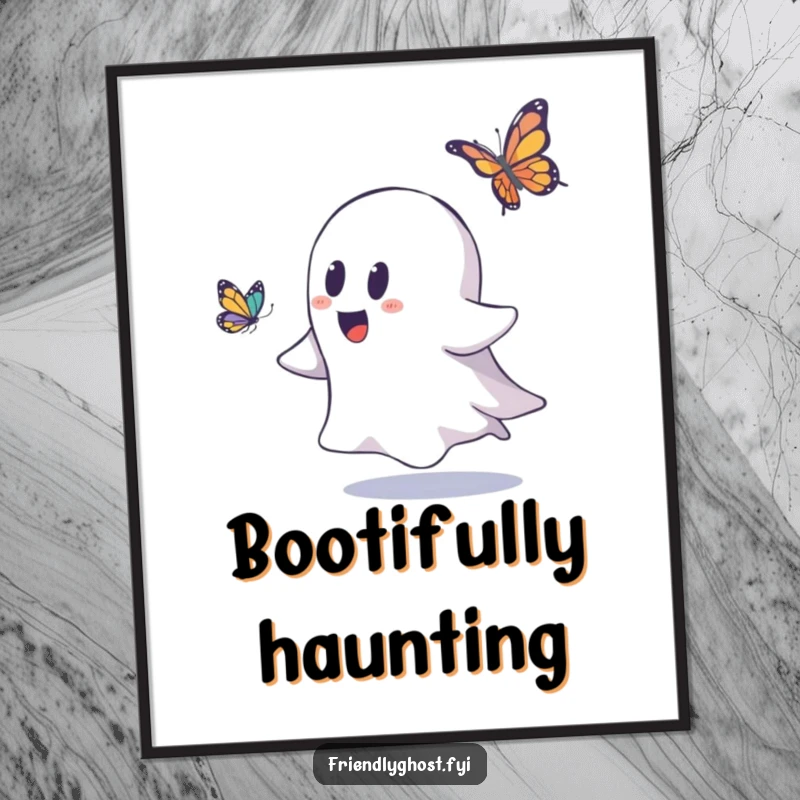 Funny ghost poster illustrating a spectral character joyfully pursuing a fluttering butterfly, adding whimsical charm to decor.