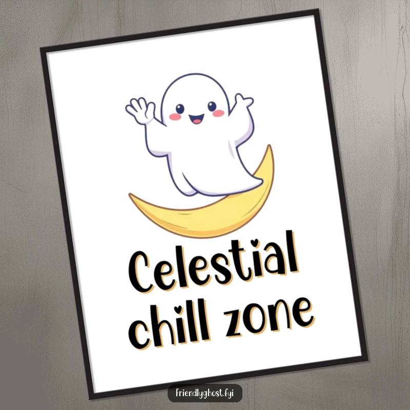 Funny poster art showing a cute ghost waving from atop a crescent moon, an enchanting and humorous piece for any room.