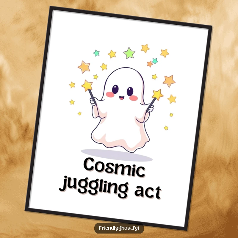 Funny poster showcasing a cute ghost jugging colorful pins made of tiny stars, perfect for adding whimsical, celestial charm to any room.