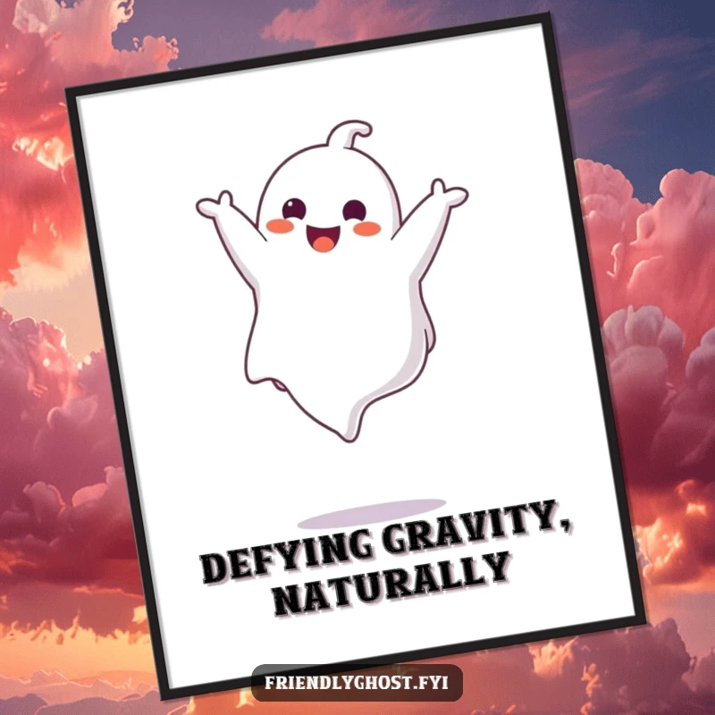 Funny ghost character performing an aerial somersault with glee, a vibrant and humorous wall art piece, excellent for gifting.