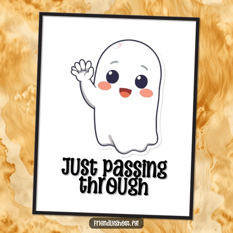 Funny poster depicting a smiling ghost character happily waving, radiating friendly spectral energy and cheerful vibes.