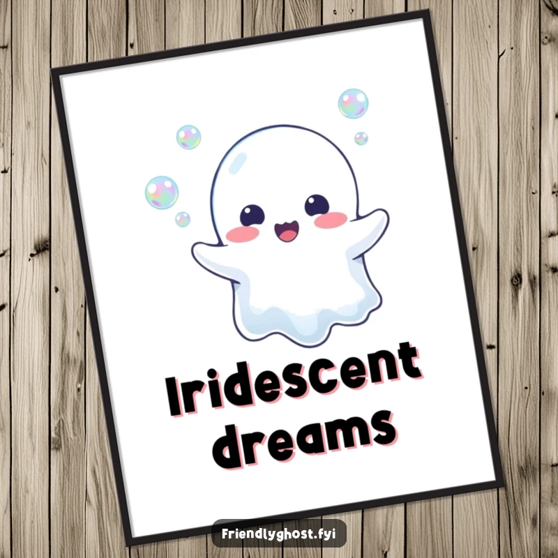 Funny Ghost Bubble Blower Poster: A happy ghost joyfully blows iridescent bubbles, creating a whimsical and enchanting visual spectacle.