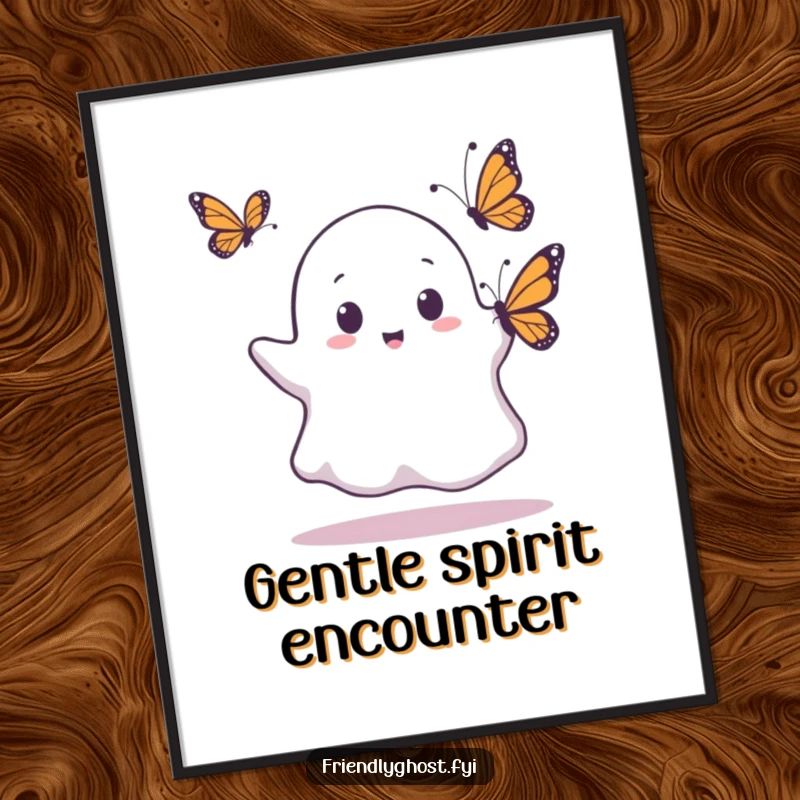 Funny poster art of a ghost looking comically surprised as a butterfly lands on it, great for whimsical decor.