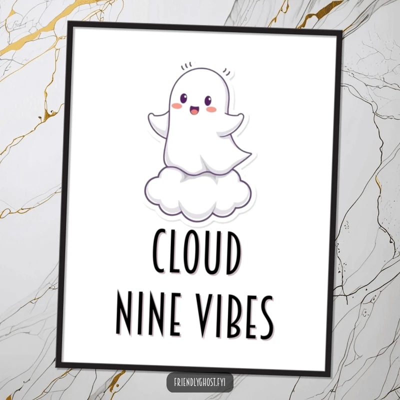 Funny Ghost Cloud Rider Poster: Cheerful spirit riding a tiny cloud, perfect for whimsical and humorous wall art.