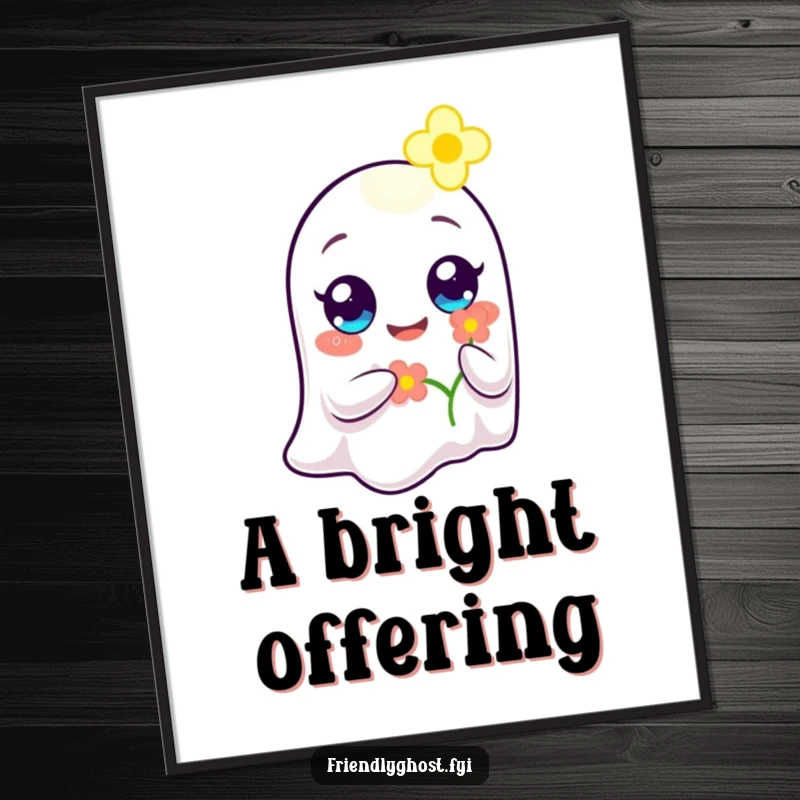 Funny Ghost Flower Bearer Poster: A ghost with wide, happy eyes offers a glowing flower, radiating warmth, kindness, and gentle beauty.
