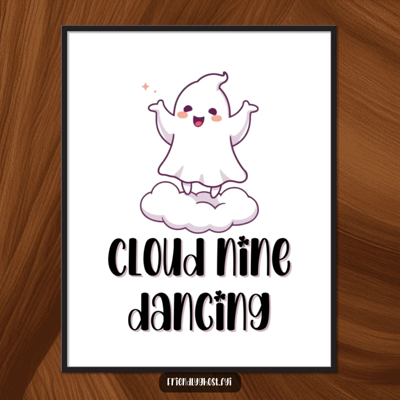 Funny poster print of a ghost happily doing a jig on a cloud, creating a humorous and cheerful spooky-themed visual for decor.