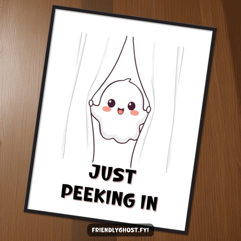 Funny ghost poster with a cheerful character peeking from behind a shimmering curtain, creating a whimsical and humorous display.