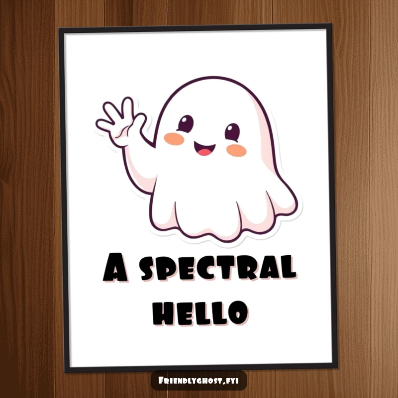 Funny Ghost Waving Poster: Happy spirit waving enthusiastically, perfect for friendly and humorous wall art.