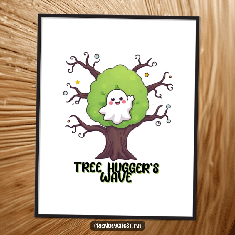 Funny ghost poster depicting a welcoming ghost waving goodbye from a spooky yet inviting tree, perfect for seasonal decor.