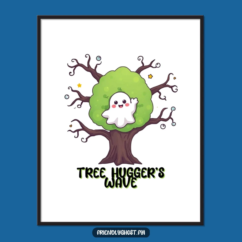 Funny Ghost Waving Tree Poster: Spooky Friendly Wall Art