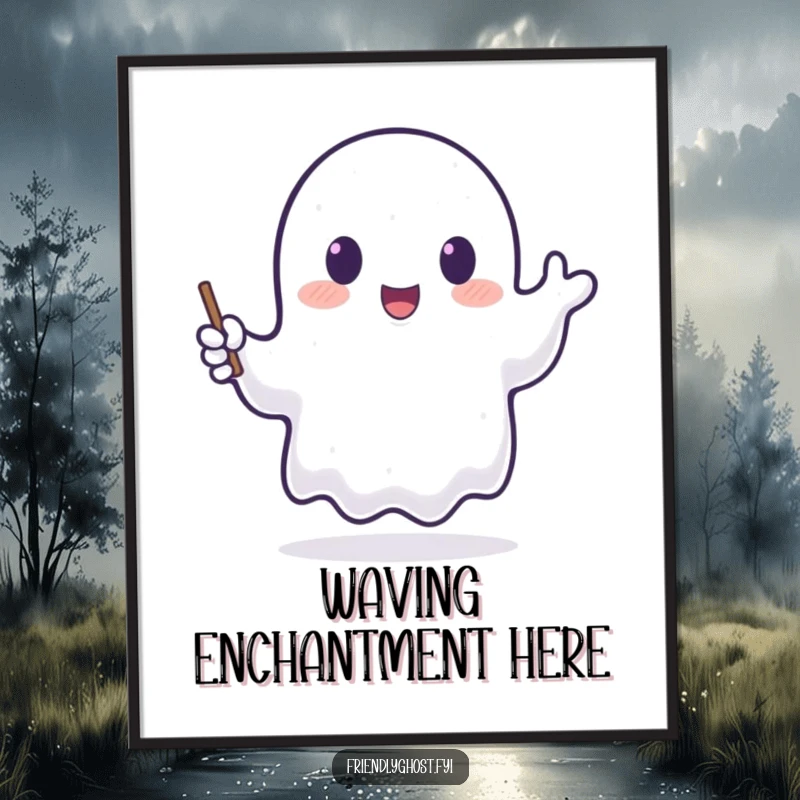 Funny poster art of a translucent ghost happily waving a tiny, glowing wand, radiating magical energy and charm.