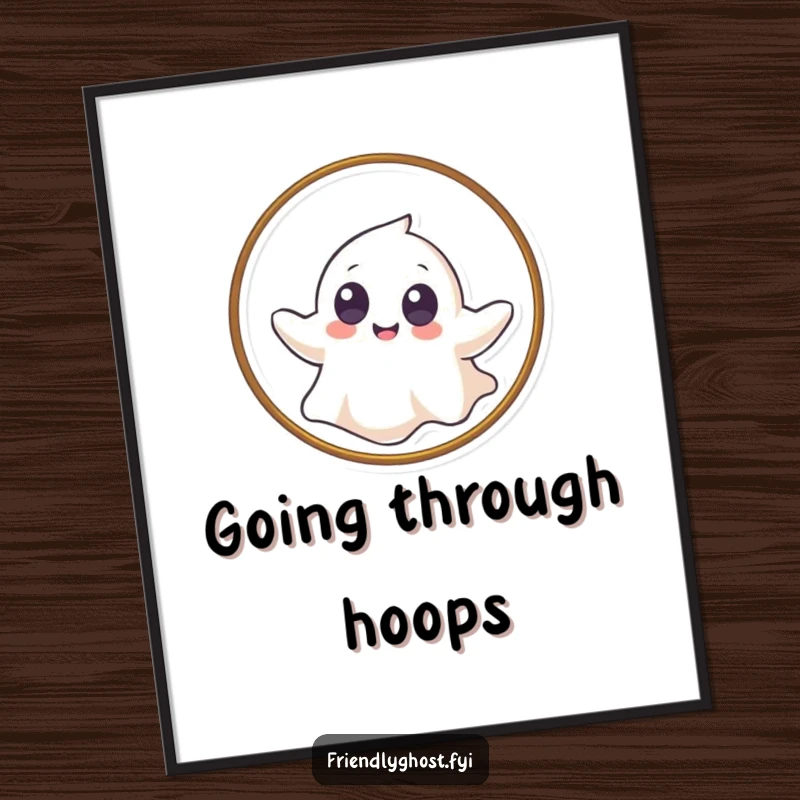 Funny poster art of a giggling ghost with big eyes gently floating through a hoop, creating a sense of lighthearted fun.
