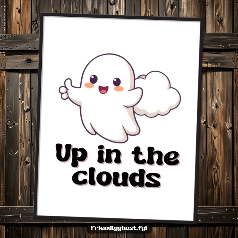 Funny poster art of a happy ghost giving cartoonish thumbs up, floating beside a cheerful cloud, creating a mood-lifting display.