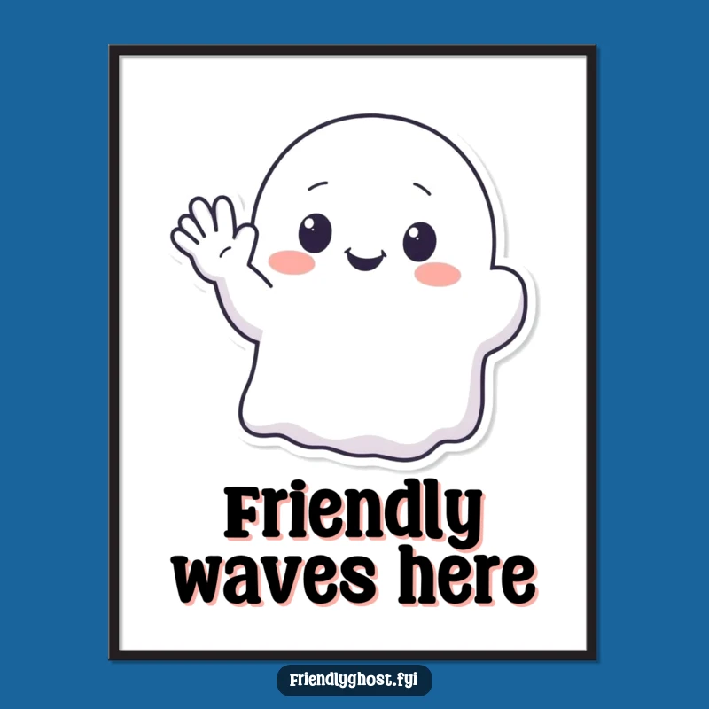 Funny Kawaii Ghost Waving Poster - Cute Wall Art for a Cheerful Space Gift
