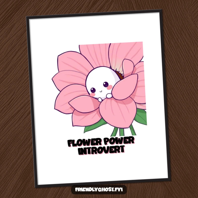 Funny shy ghost poster print of a shy character playfully peeking from behind a large, vibrant flower.