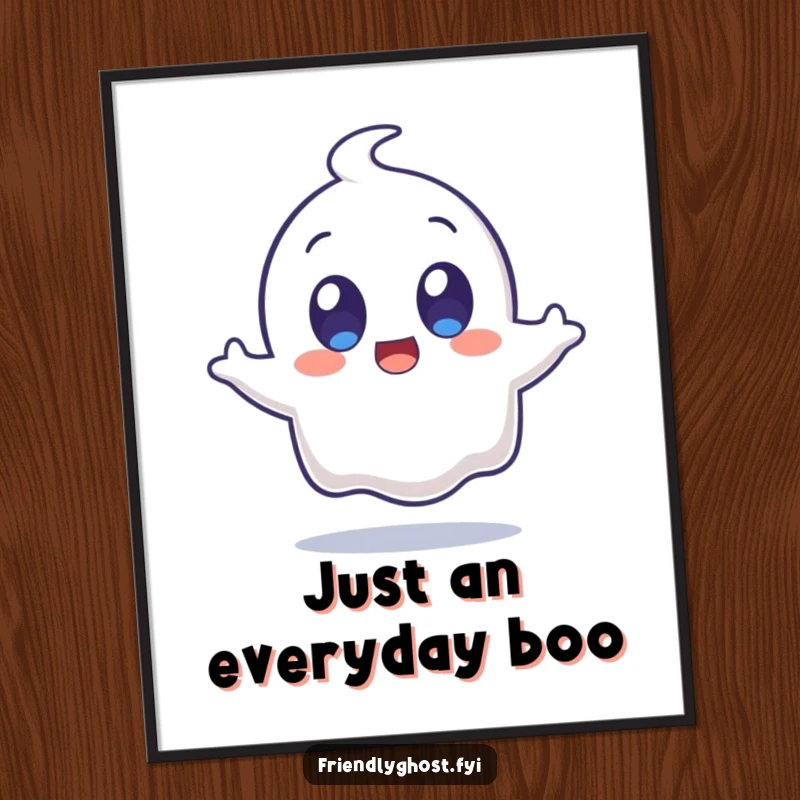 Funny surprised ghost character with wide, happy eyes jumping on a poster, creating a humorous and eye-catching wall decoration.