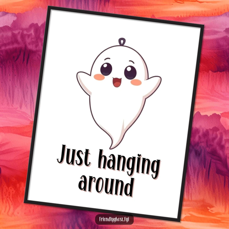 Funny poster art of a ghost with innocent eyes, gleefully giggling while suspended upside down, bringing laughter to the walls.