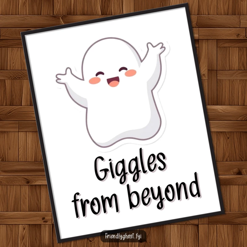 Funny poster capturing a giggling ghost mid-air, joyfully engaged in a comical silly dance, bringing vibrant, humorous energy to any space.