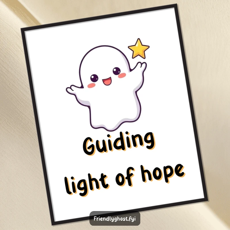 Funny poster art showing a friendly ghost extending a wispy hand to a tiny, flickering star, creating a magical and hopeful ambiance.