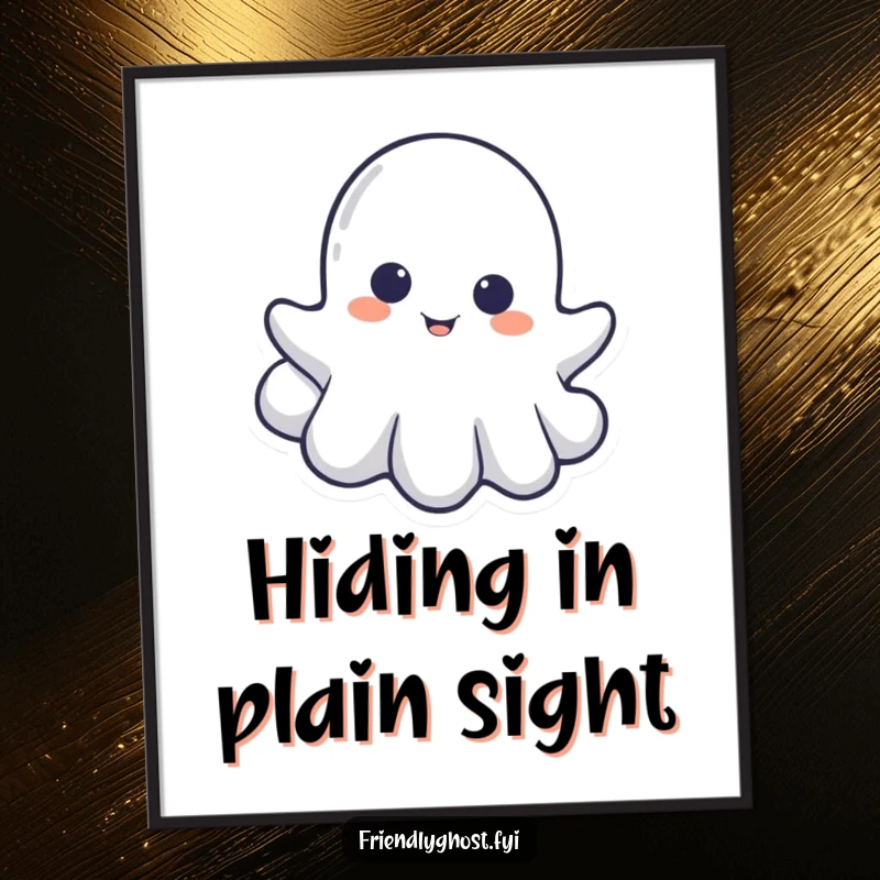 Funny poster showcasing a little ghost playfully peeking from behind a cloud, embodying spectral charm and hide-and-seek fun.