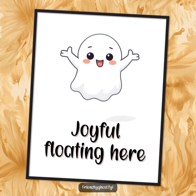 Funny poster displaying a small ghost character happily floating with arms outstretched, embodying freedom.