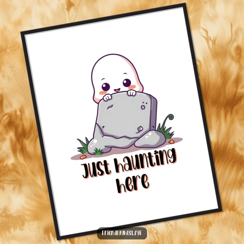 Funny ghost poster depicting a cute ghost playfully peeking from behind a tombstone, creating whimsical Halloween decor.