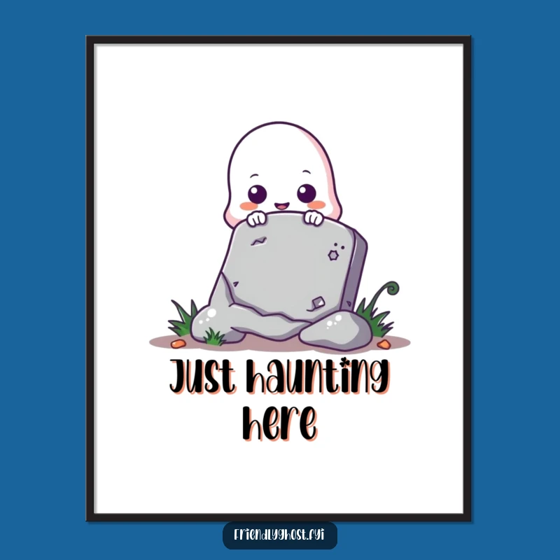 Funny Ghost Peeking Tombstone Poster - Whimsical Spooky Wall Art for Halloween Decor