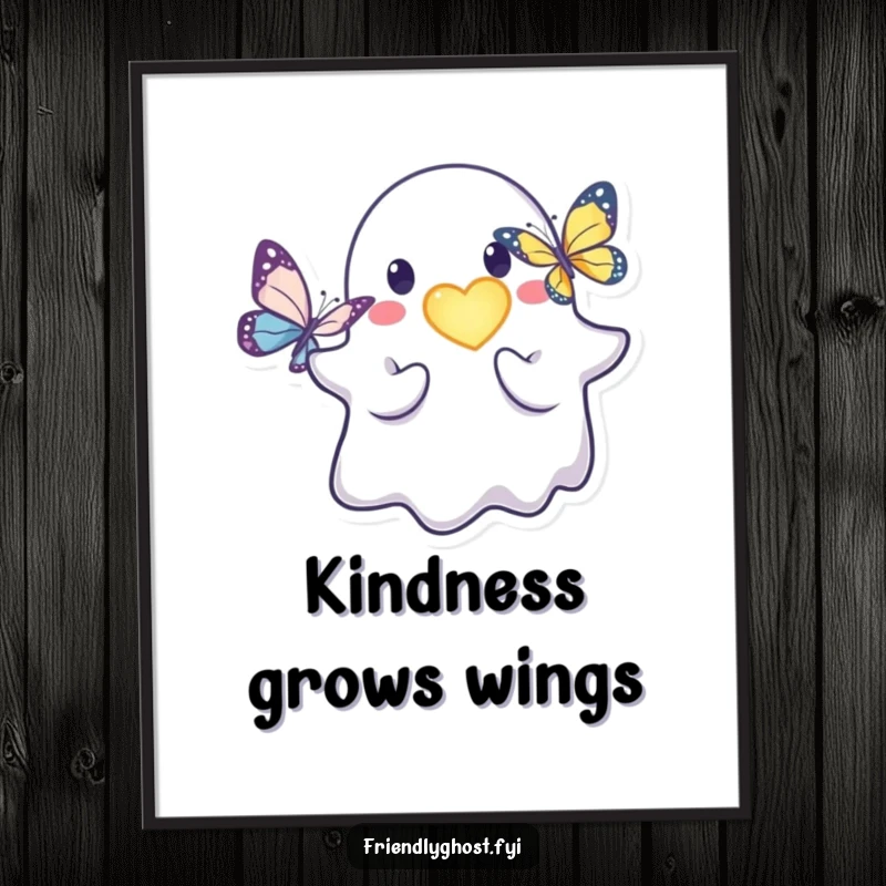 Funny friendly ghost poster print of a kind character offering a glowing heart to a delicate butterfly.