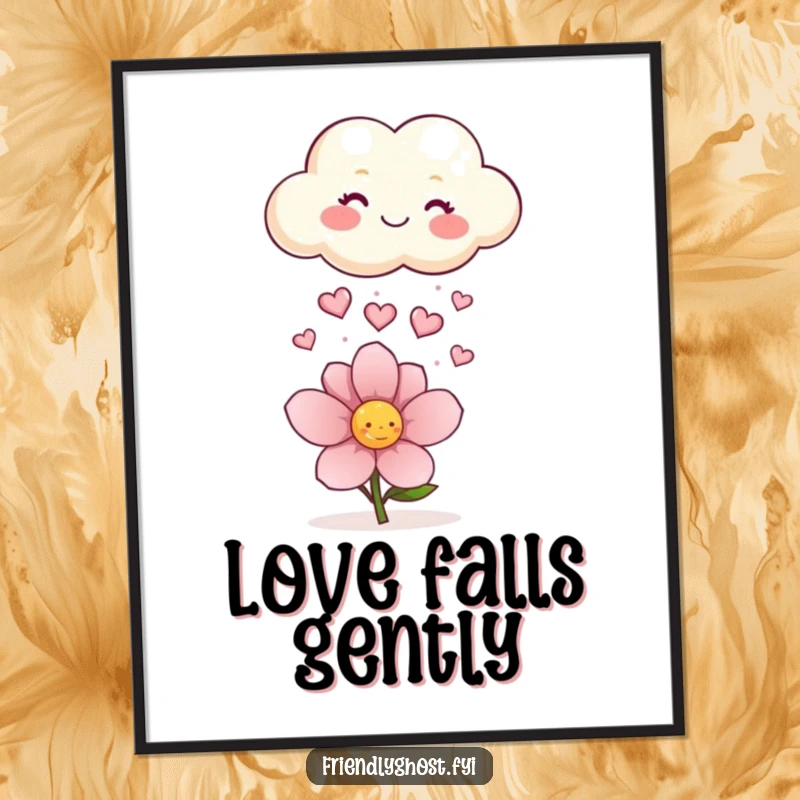 Funny poster showcasing a happy cloud showering a flower with sparkling hearts, perfect for adding cheerful, loving vibes to any room.