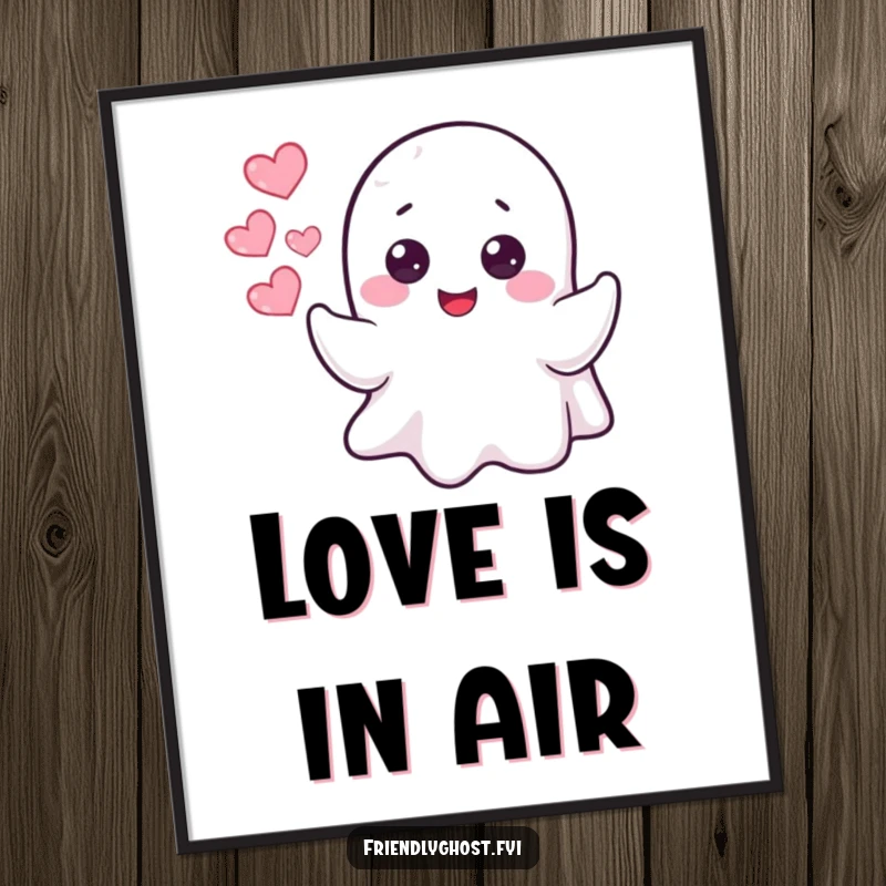 Funny cheerful ghost blowing bubbles that form tiny hearts, displayed as a humorous and loving poster.