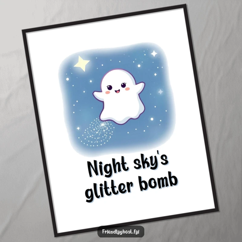 Funny poster art showing a gentle ghost leaving a sparkling path through the dark night sky, creating a magical and peaceful ambiance.
