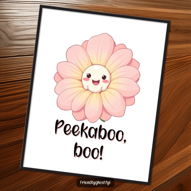 Funny Ghost Flower Poster: Playful ghost peeking from behind a large smiling flower, creating an art piece full of whimsical humor.
