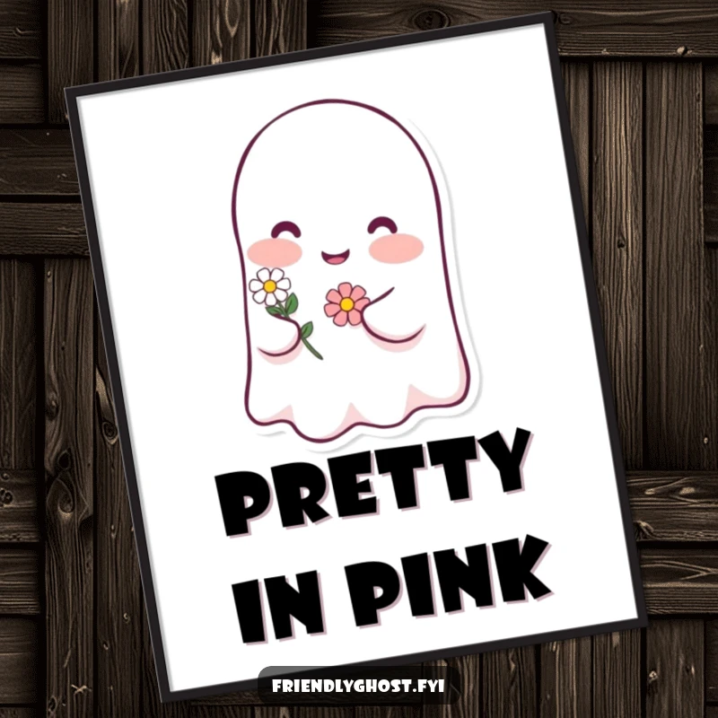 Funny ghost blush poster with a happy character blushing pink and holding a tiny flower, a humorous and charming art piece gift.